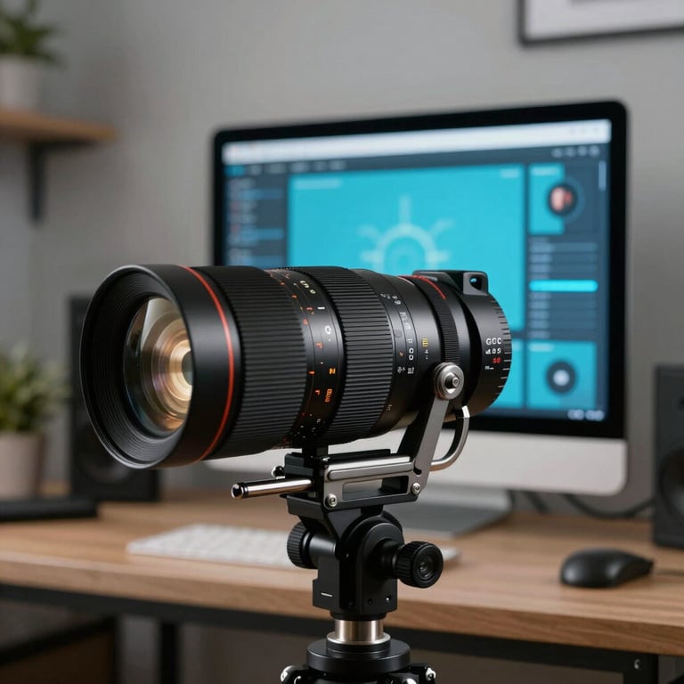 An independent creator in a modern home studio, using professional streaming software with soft cerulean interface highlights.