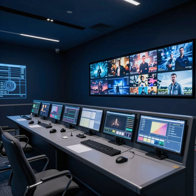 Interior of a cutting-edge control room with multiple screens displaying entertainment content, lit in deep navy blue tones.