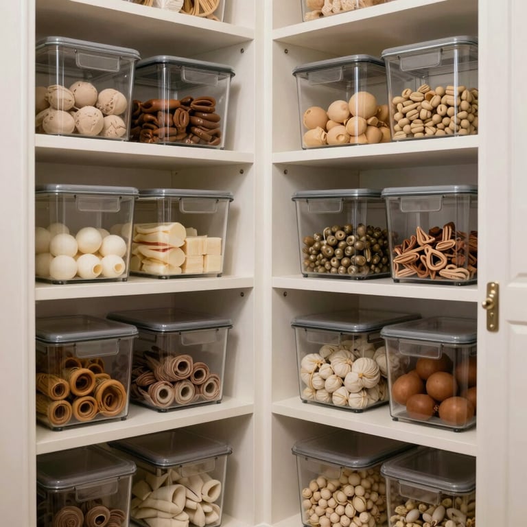 Organized household storage items in a bright, modern British pantry.
