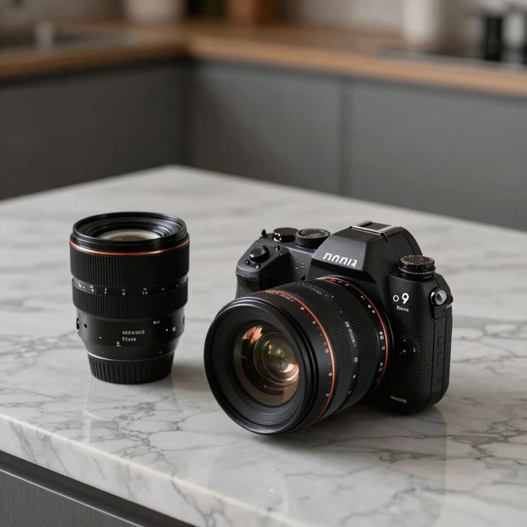 High-quality kitchen essentials on a marble countertop under soft lighting.