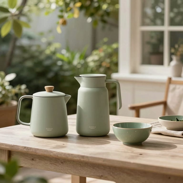 Sustainable lifestyle products in a sunlit garden room, very clean aesthetic.