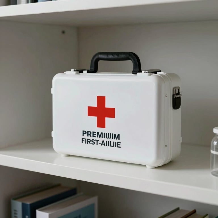 A premium first-aid kit displayed on a minimalist white shelf in a British home.