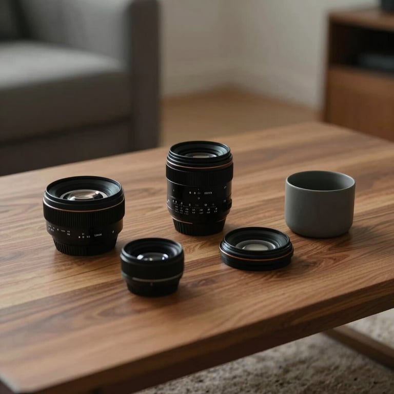 Minimalist household essentials arranged neatly on a wooden coffee table.
