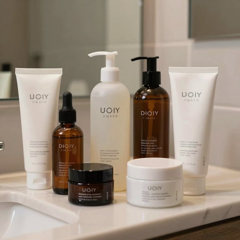 A collection of professional-grade personal care products in a spa-like bathroom.