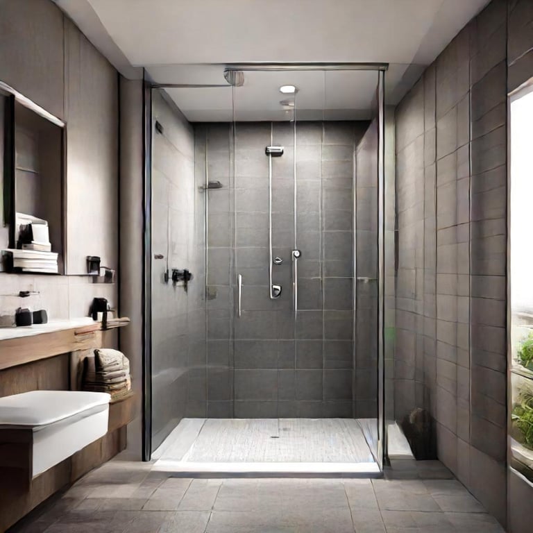 Walk‑in shower with sliding glass doors and grey tiles – another style of shower after roller repair