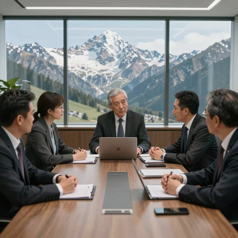 Professional business meeting of executives in a modern office with views of the Trans-Ili Alatau mountains.