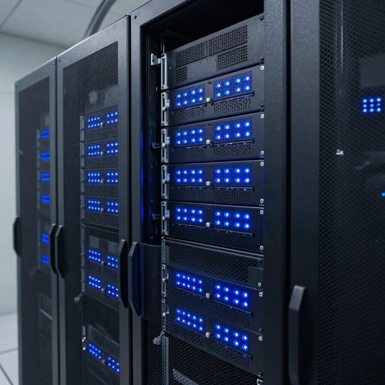 A sleek, high-tech server room with glowing blue LED indicators in a secure Almaty facility.