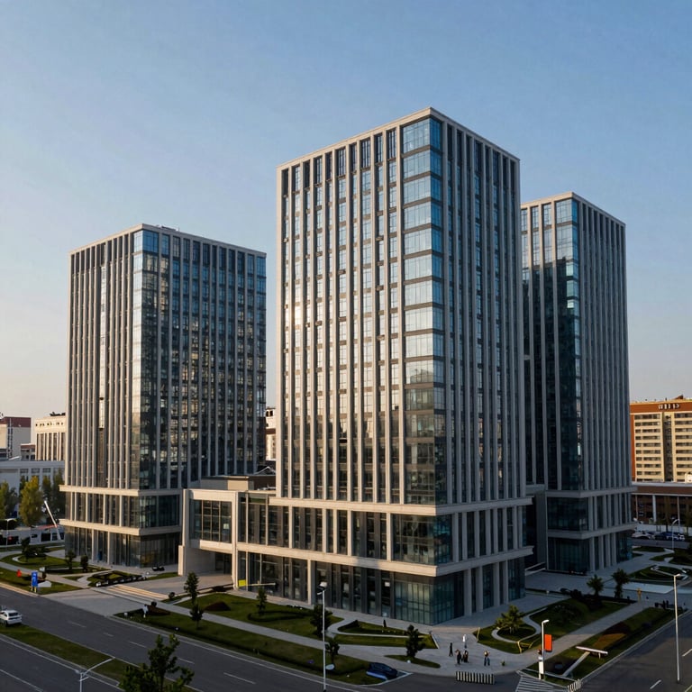 Modern architecture of a tech park in Kazakhstan, reflecting a professional and innovative mood.