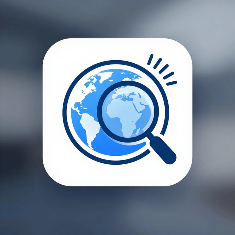 A Web Research and Intelligence Agent icon showing a globe with a digital magnifying glass and data streams, sophisticated and professional style.