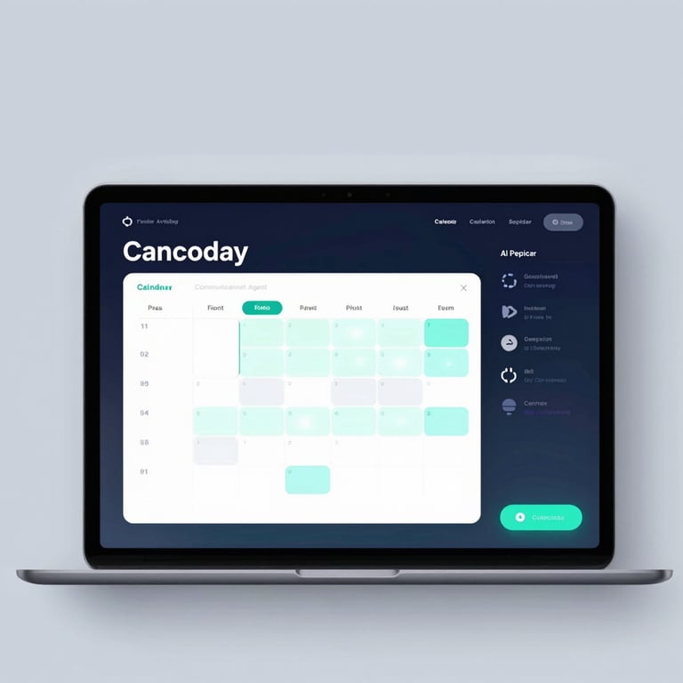 A Calendar and Communication Management Agent visualization showing an AI-driven digital planner with glowing time slots and sync icons.