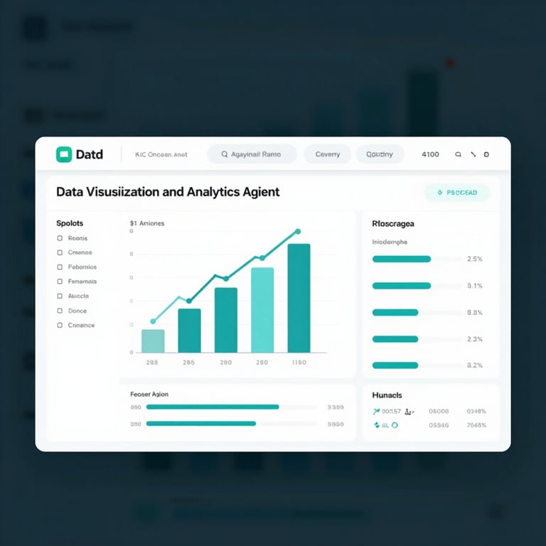 A Data Visualization and Analytics Agent depicting a code-free dashboard with sleek 3D bar charts and line graphs in #1F3C57 and #A5CADC.