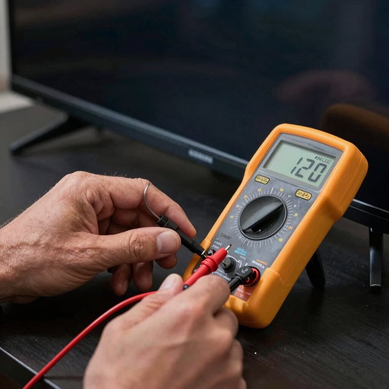 Close-up of a technician's hands using a multimeter to test a smart TV component. Professional lighting.