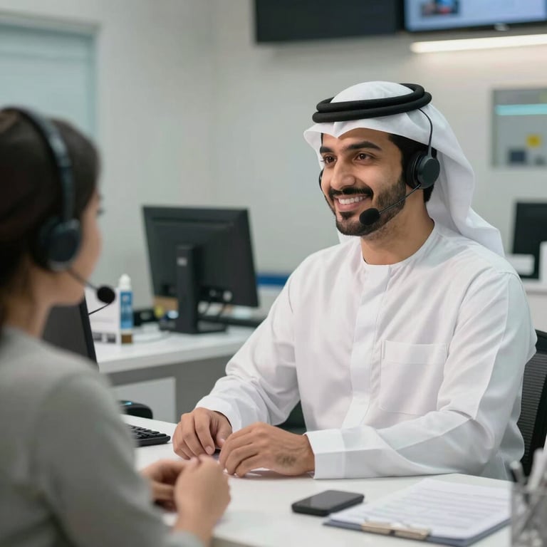 A friendly customer service interaction at a professional reception desk in a Dubai repair center. Middle Eastern / Gulf context.