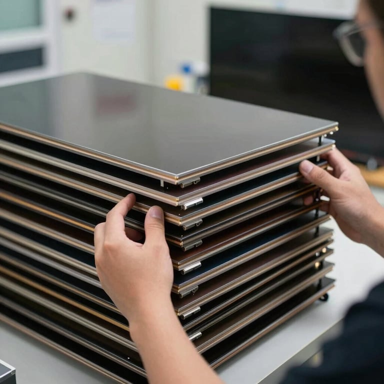 A stack of high-end TV panels being carefully handled in a climate-controlled environment in Al Nahda.