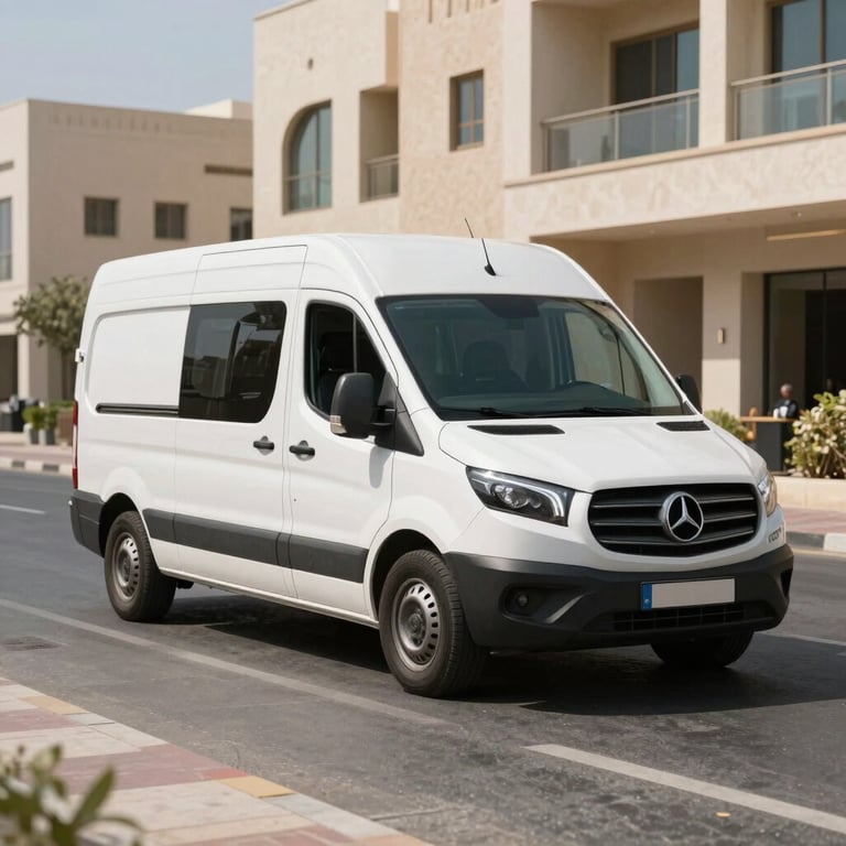 A branded service van parked in a modern street in the Al Nahda district of Dubai during a clear day.