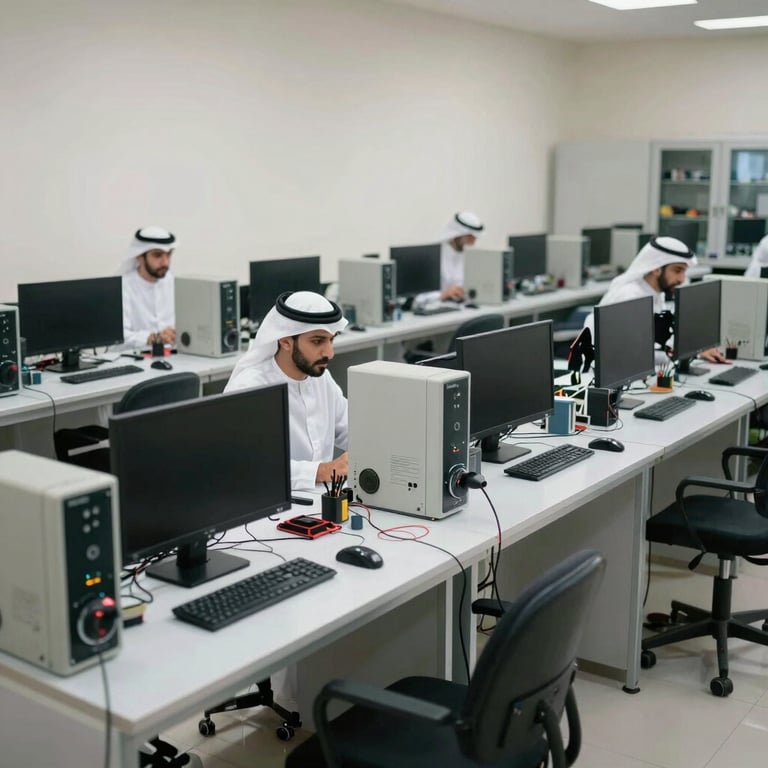 A wide shot of a clean, organized electronic repair facility in Dubai with multiple workstations. Middle Eastern / Gulf setting.