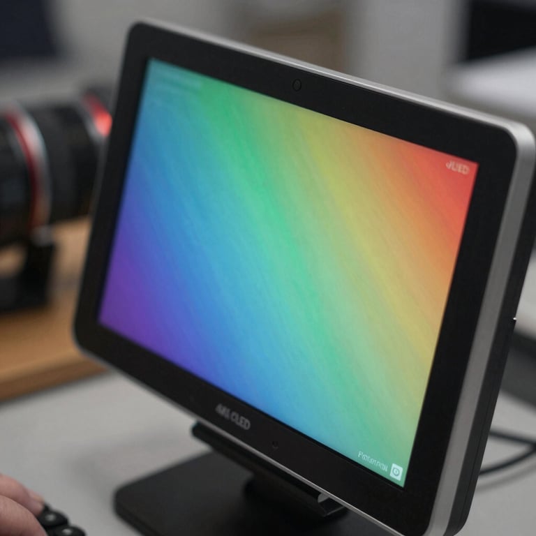 Macro shot of a high-resolution 4K OLED screen being calibrated for perfect color accuracy.