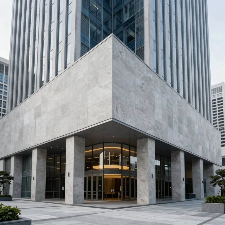 An architectural shot of a modern, clean skyscraper lobby with light gray and slate blue accents in the United States.