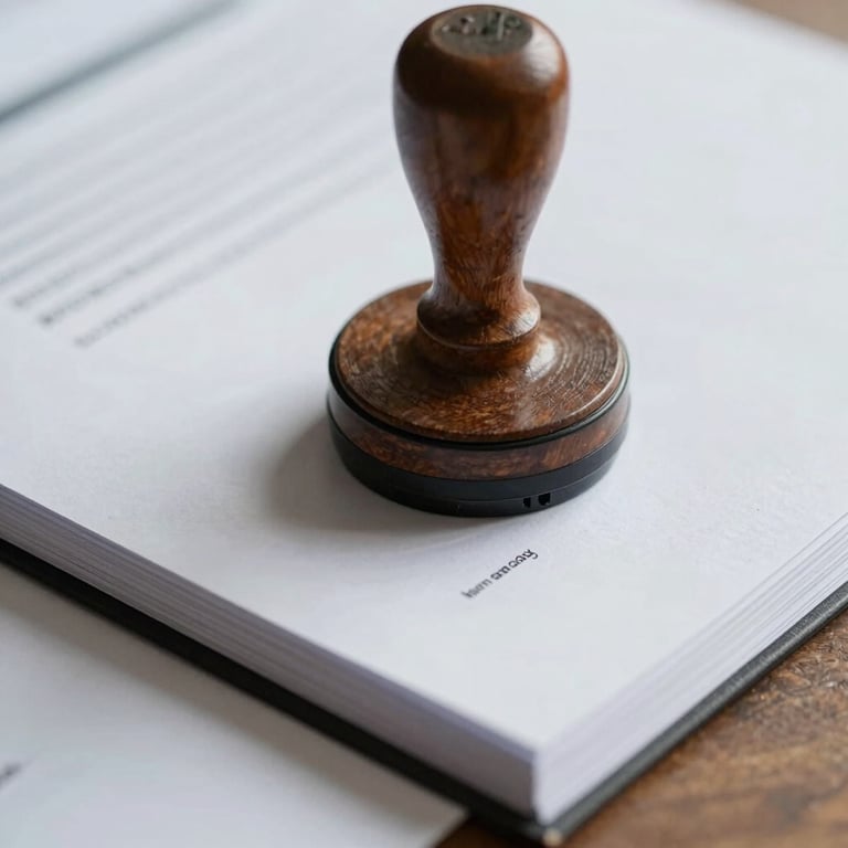Close-up of high-quality, heavy-stock paper documents with a professional stamp, emphasizing accuracy and detail.