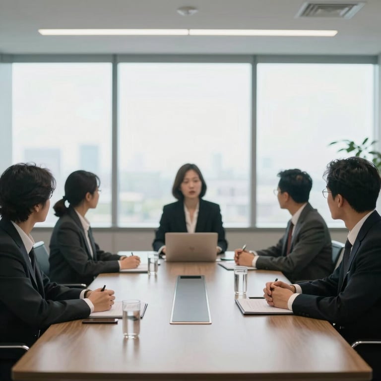A blurred, professional North American business meeting in the background of a modern conference room with natural light.