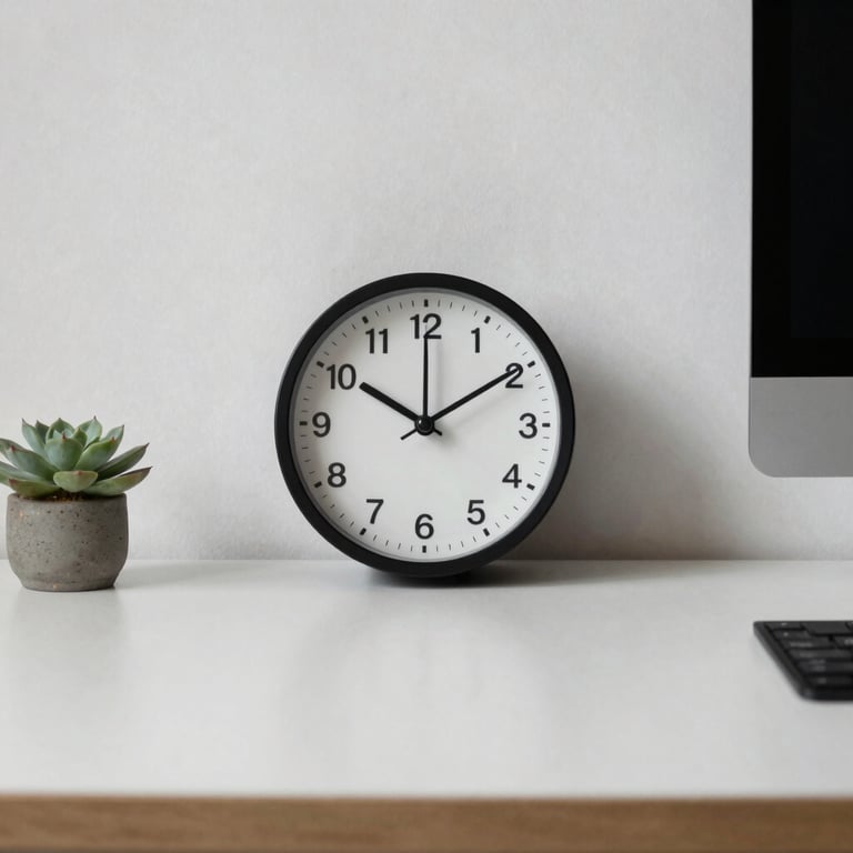 A clean, organized desk with a minimalist clock and a single succulent, representing an efficient and calm working environment.