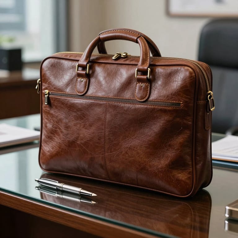 A sharp, professional photograph of a leather briefcase and silver fountain pen on a glass desk in a North American business district office.