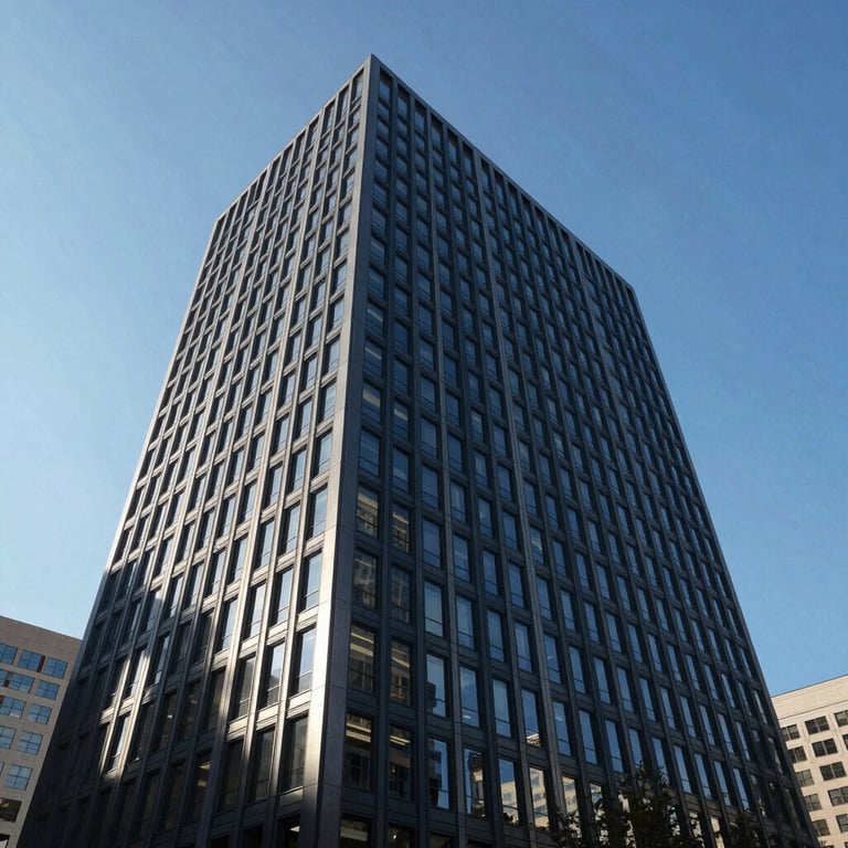 A wide-angle shot of a sleek, professional office building exterior against a clear blue sky in a North American metropolitan area.