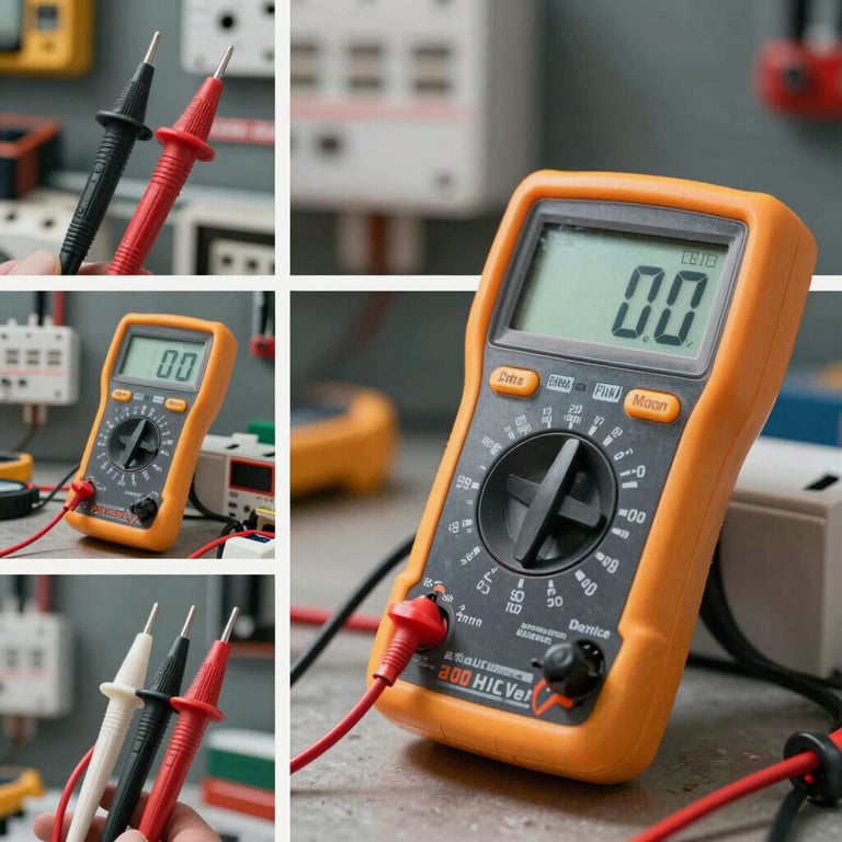 A collage of professional electrical tools and a digital multimeter showing a safe reading, symbolizing the preventive maintenance and security provided.