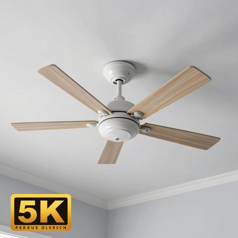 A neatly installed ceiling fan in a bright room with Pale Mist Grey walls, showing the clean finish of a professional electrical installation.