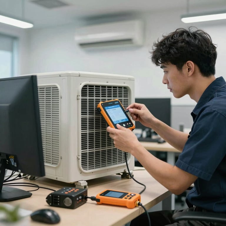 Technician testing a newly installed air conditioning unit in a modern office, using high-tech tools in a clean and efficient workspace.