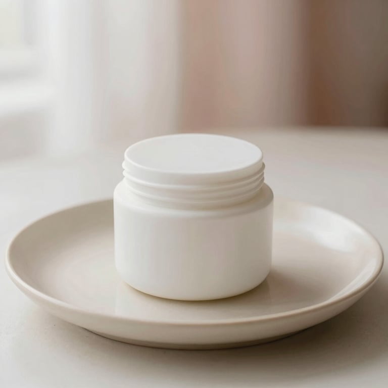 Minimalist white cream jar on a smooth beige ceramic plate, soft shadows, 35mm