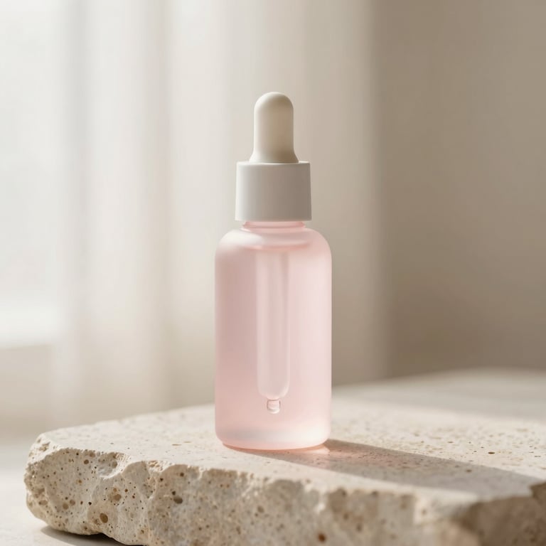 Minimalist clear serum bottle with dropper on a textured stone, soft pink light, 35mm