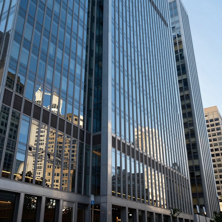 A wide shot of a modern Atlanta skyline reflected in the windows of a high-tech office building, daylight reflecting steel blue tones.