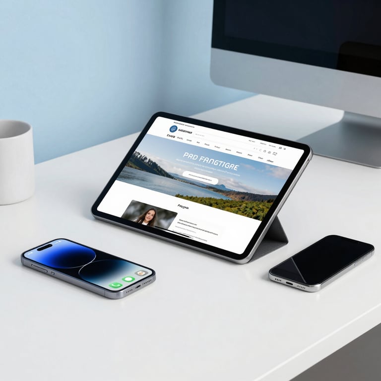 A clean, minimalist desk setup with a tablet showing a website and a smartphone, surrounded by soft white and sky blue office decor.