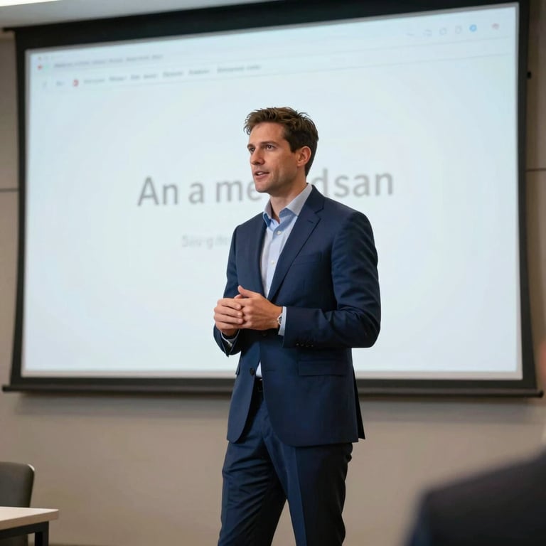 An American professional giving a presentation in a conference room with a large screen, dressed in a midnight blue suit, looking dynamic.