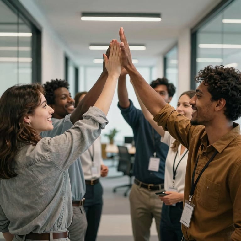 A diverse tech team high-fiving in a modern office hallway, conveying a sense of teamwork and professional energy.