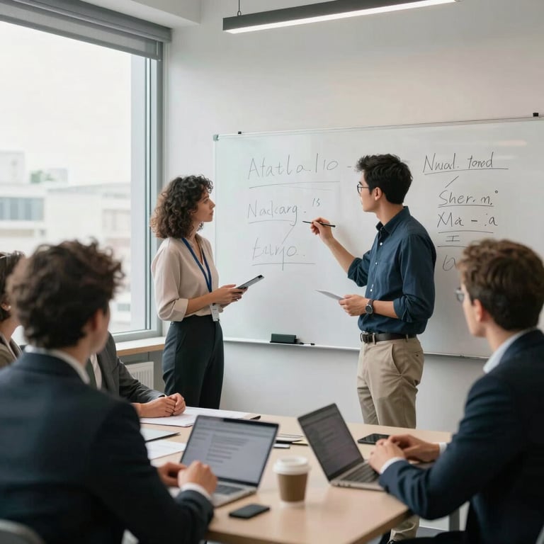 A group of professionals in a brainstorm session, using a whiteboard in a bright office filled with natural light and professional vibes.