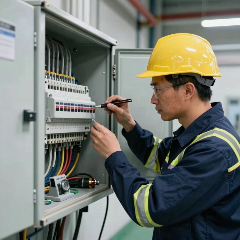 A skilled technician repairing an electrical panel in a commercial building, wearing safety gear and a navy uniform.