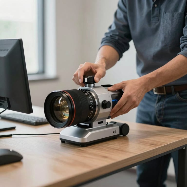 A cleaning professional sanitizing a modern office desk with high-grade equipment, North American / Mexican office setting.