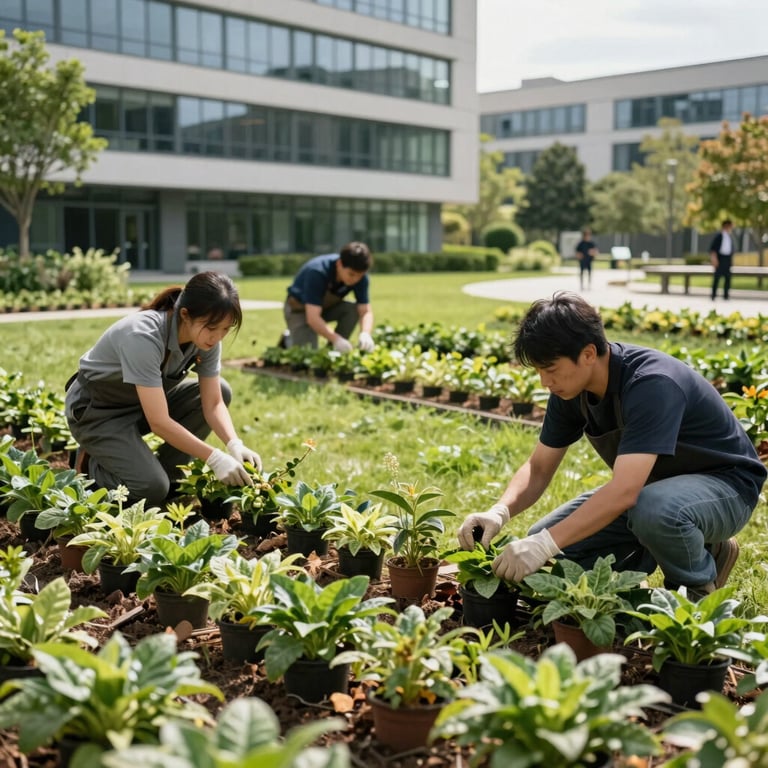Gardening team meticulously maintaining the lush green landscape of a corporate campus in daylight.