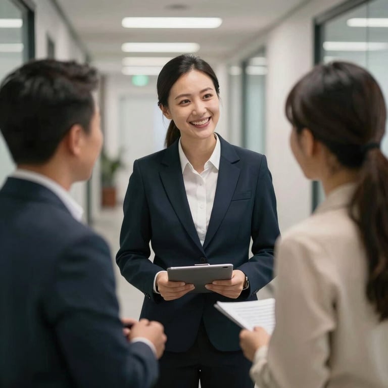 A friendly interaction between a service supervisor and a client, showing the human-centric approach in an office hallway.