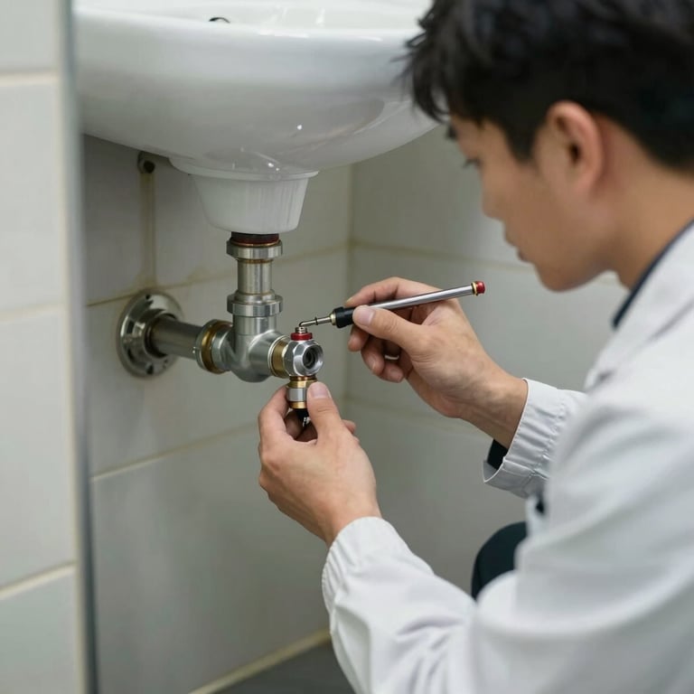 Maintenance expert inspecting plumbing fixtures in a commercial restroom, focus on precision and cleanliness.