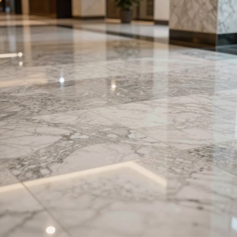 Detail shot of a perfectly clean and shiny marble floor in a luxury corporate lobby.