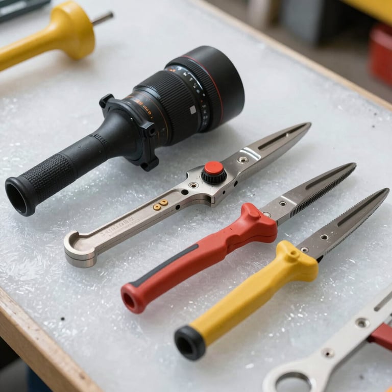A professional electrician's toolkit with high-quality gear resting on an ice white work surface in a North American / US workshop.