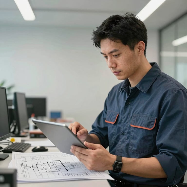 A service technician using a tablet to review electrical blueprints in a North American / US modern office setting.