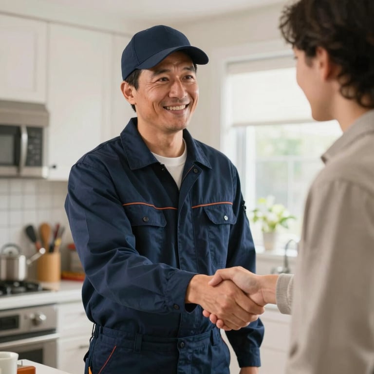 An electrician in a deep navy uniform shaking hands with a customer in a bright North American / US kitchen.