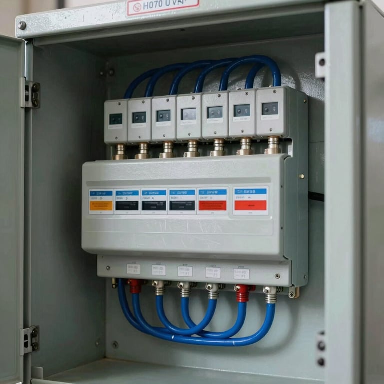A detailed shot of a neatly organized industrial electrical panel with steel blue wiring and components.