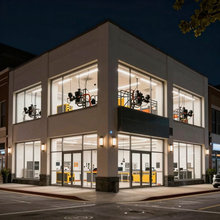 A wide shot of a professionally lit commercial building exterior in a North American / US city at night, showing expert electrical work.