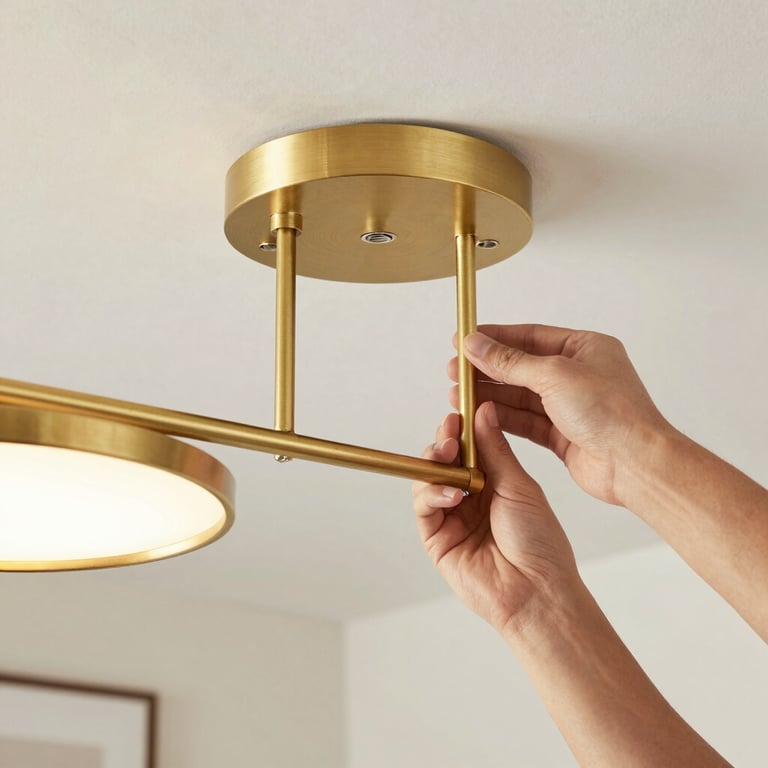 A close-up of a hand installing a modern golden brass light fixture in a North American / US living room with soft lighting.