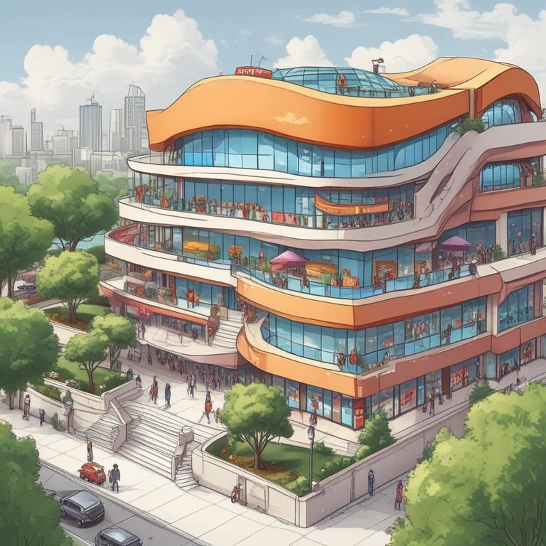 Icon of a bustling shopping mall with multiple storefronts.